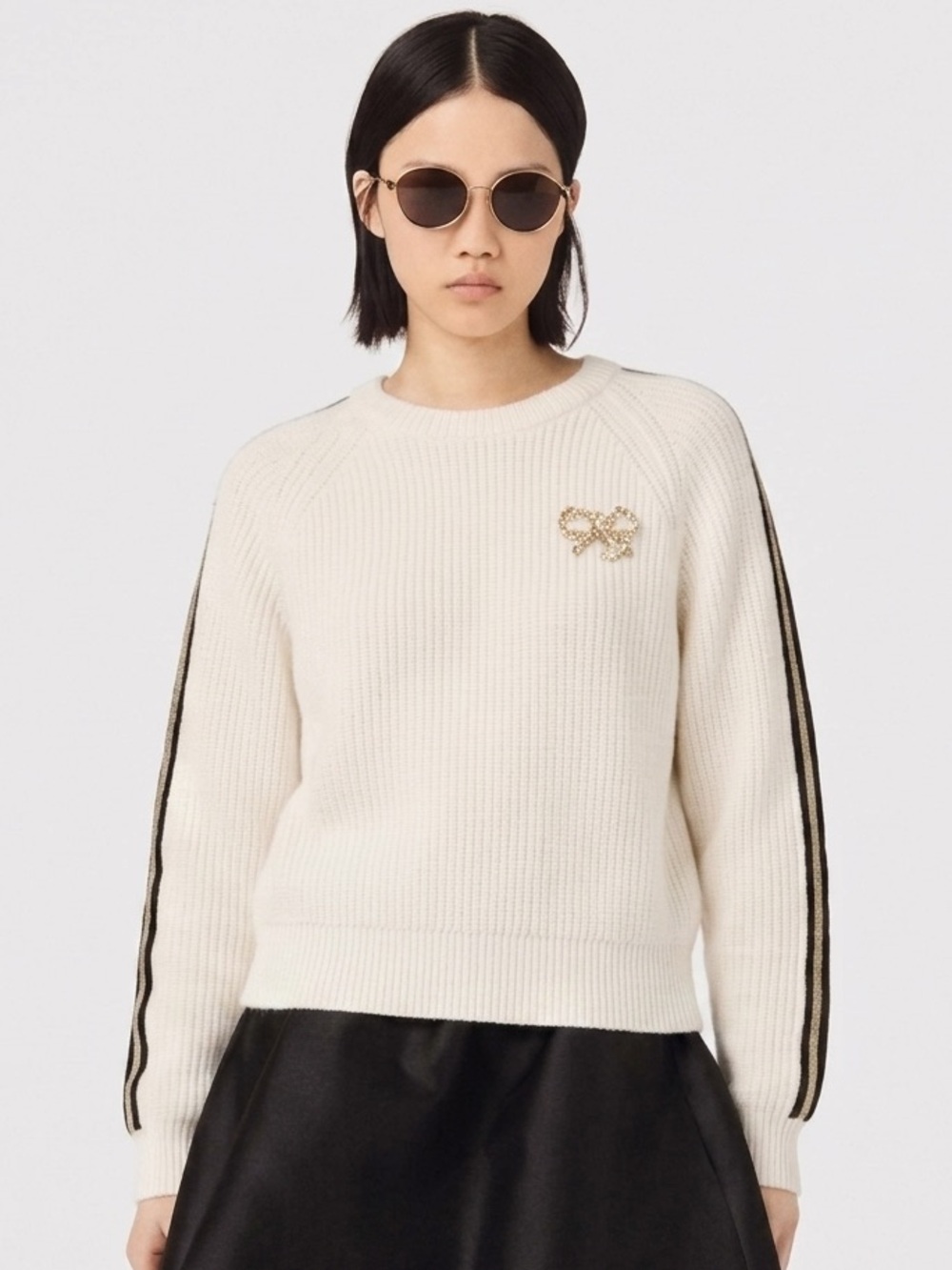 KARL LAGERFELD $149 ribbed knit sweater with rhinestone bow brooch